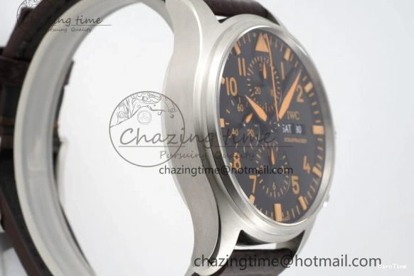 MIROTIME 0126 Pilot Chrono SS AZF 1:1 Best Edition Black Dial Orange Markers on Brown Leather Strap A EasyCare 7065